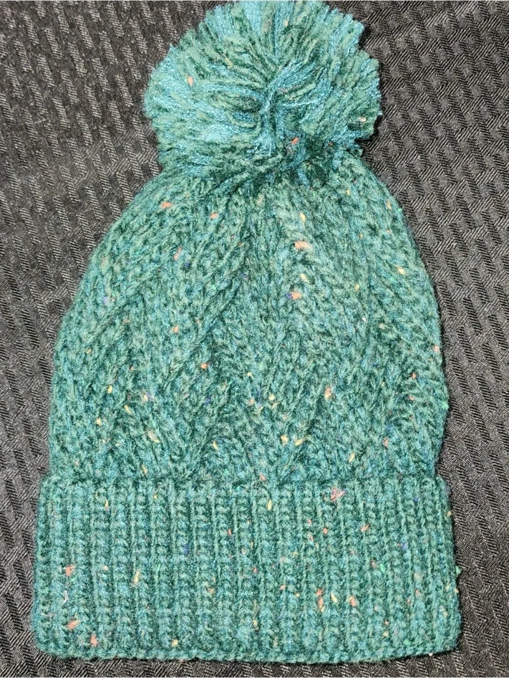 Kids Winter Pom Beanie Hat - Cream, Multicolor Heart, Teal